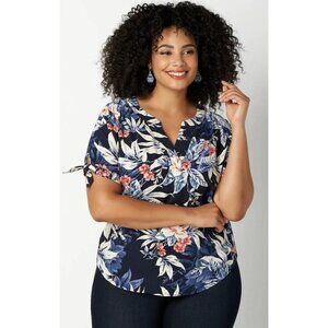 CJ Banks Botanical Print Linen Blend Plus Size Blouse‎ Navy Size X